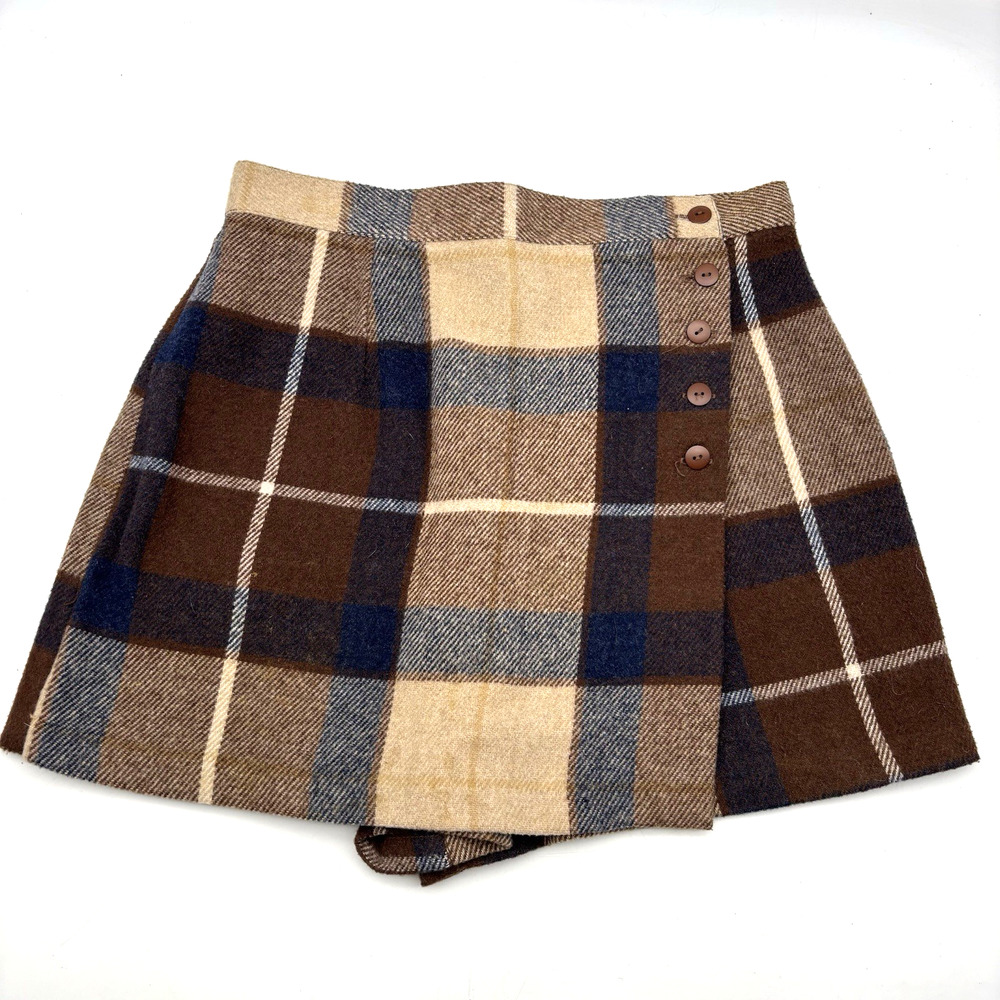 Vintage 90s STREETWEAR Brown Plaid Wool Blend Wrap Front Skort 9 28x3" USA Made
